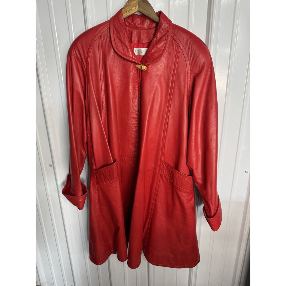 Vtg Stavros New York Red 100% Soft Leather Maxi Coat One Size EUC Made In USA